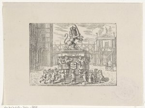 Børn danser i en cirkel omkring et monument fra de syv provinser