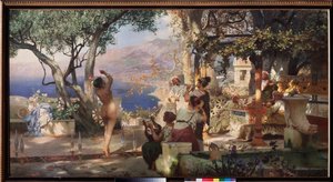 Sabel dans. (En nøgen kvinde danser mellem sværd balanceret på terrassen i en italiensk villa, til lyden af ​​en lyre og en fløjte). Maleri af Henryk Siemiradzki (1843-1902), olie på lærred
