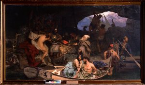Korsarerne. (Scene, hvor de bringer deres bytte og deres fanger (gidsler) tilbage i en hule). Maleri af Henryk Siemiradzki (1843-1902), olie på lærred af Henryk Siemiradzki