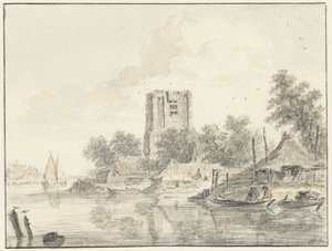 Flodlandskab med et stort stumpt kirketårn af Hendrik Spilman