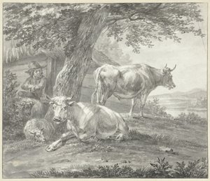 To køer og to får under et træ nær en lade af Hendrik Stokvisch