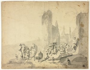 Havnescene med forskellige figurer af Hendrik Verschuring