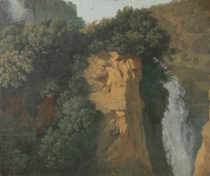 Tilgroede klipper med vandfald i Italien, måske ved Tivoli af Hendrik Voogd (attributed to)