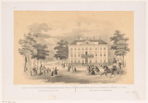 Udsigt fra Tournooiveld af Herenlogement van Dordrecht i Haag omkring 1850 Udsigt over huset til den meget velfødte hr. jhr. hr. H. I. Caan, kan ses fra Tournooiveld (titel på objektet)
