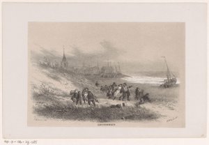 Scheveningen under stormen den 28. maj 1860 Scheveningen (titel på objekt) Album med ti litografiske skitser, forestillende Tooneelen af ​​ødelæggelsen, ophidset af stormen den 28. maj 1860 i 