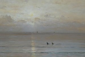 Hollandsk: Solnedgang med rejefiskere af Hendrik Willem Mesdag
