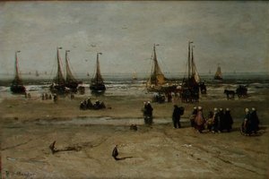 Kystlandskab med fiskefartøjer og fiskere af Hendrik William Mesdag