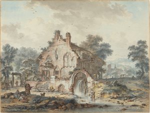 Rustik vandmølle i en gotisk ruin af Hendrik de Meyer II