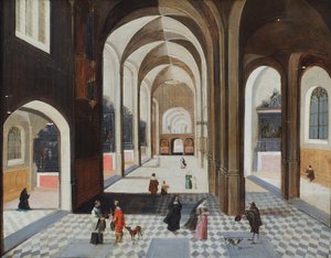 Et kirkeinteriør med figurer, herunder en mand i rødt, der taler med en præst (olie på lærred) af Hendrik the Younger (follower of) Steenwyck