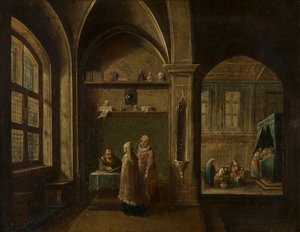 Et renæssanceinteriør med figurer: The Birth of St John, ca. 1600-49 (olie på kobber)