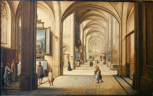 Kirkeinteriør med en sakristan, der viser et maleri til besøgende, 1608 (olie på kort)