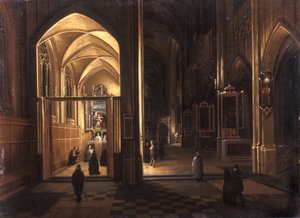 Det indre af en gotisk kirke (olie på kobber)