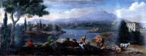 Italiensk landskab, med kohyrder hvilende af Hendrik van (studio of) Lint