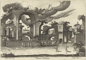 Ruiner af Diocletians bade fra siden med to mænd, der spiller kroket i forgrunden, 1585. af Hendrik van Cleve III