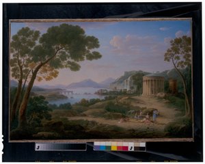 Et omfattende klassisk landskab med figurer siddende foran en Tempietto