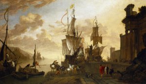 Navigation i Livorno (Italien), to skibe fortøjet ved kajen, idealiseret beskrivelse af Toscanas vigtigste havn, den maritime korsvej mellem Østen og den muslimske verden, repræsenteret ved kamelen og ikke-europæiske figurer, og Europa, symboliseret ved