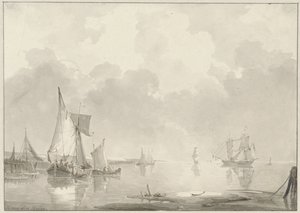 Udsigt over kysten med skibe i stille vand af Hendrik van den Helm