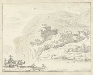 Italiensk bjerglandskab med hyrder og kvæg og to figurer i en båd, der krydser floden af Hendrik van der Straaten (attributed to)