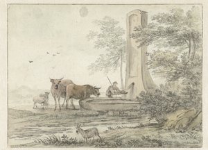 Italiensk landskab med hyrde og hans kvæg og får ved et springvand