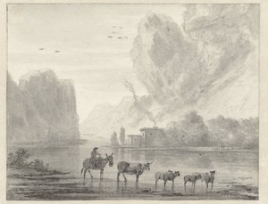 Rocky River Landskab med en hyrde med hans kvæg og får