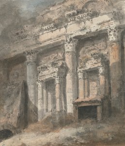 Facade af ruineret (?) romersk tempel, med søjler og døråbning