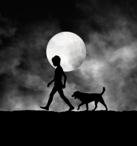 Barn og hund i måneskin af Hengki Lee