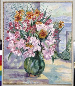 Vase med blomster på terrassen foran havet 1941 (maleri) af Henri Charles Manguin