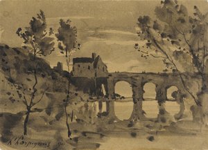Flodlandskab med bro og hus af Henri-Joseph Harpignies