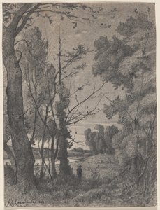 Skovklædt landskab ved en flod af Henri-Joseph Harpignies