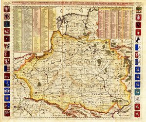 Kort over Polen omfatter dele af Livland og Storhertugdømmet Moskva par Chatelain, Henri Abraham (1684-1743). Radering, akvarel af Henri Abraham Chatelain