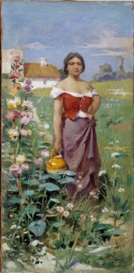 Camargaise en kande Ung kvinde klædt med en sigøjner på en mark. Maleri af Adrien Henri Tanoux (1865-1923) 20. århundrede Obligatorisk omtale: Collection fondation regards de Provence, Marseille