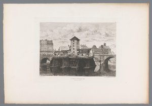 Udsigt på Pont Notre-Dame Pont Notre-Dame pumpen (titel på objekt) Frankrig etsen uit 1875 (serietitel) Radering i 1875 (serietitel) af Henri Alexandre Saffrey