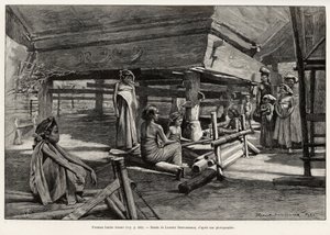 Batak kvinder, Nord Sumatra etnisk gruppe, vævning. Gravering af Laurent Desrousseaux for at illustrere historien "" et år i Malaysia", af Jules Claine (1856-1939), i 1889-1890, i Le tour du Monde 1892, instrueret af Edouard Charton (1807-1891), Hachette, 