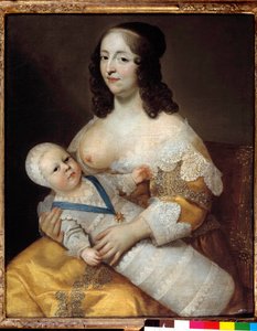 Repræsentation af den fremtidige kong Ludvig XIV (1638-1715) baby, i badedragt i armene på sin sygeplejerske Marie de Longuet de la Giraudiere. Kvindens bryst er opdaget og klar til at amme barnet. Maleri af Charles (1604-1692) og Henri (1603-1677)