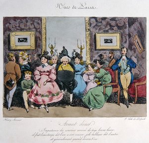 Humoristisk skildring af gæsters adfærd og samtale før middagen, indgraveret af Francois Seraphin Delpech (1778-1825) (farve litho)