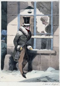 Nysgerrig mand kigger ud af vinduet inde i et hus: "" Alle glæder sig, hvor han finder ham"" - i "" Les pastemps"" af Henri Monnier, red. Delpech, Paris af Henri Bonaventure Monnier