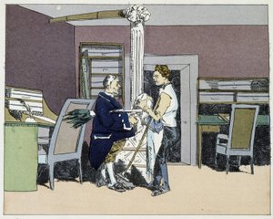 Otte timer: fejende kontorer og politisk diskussion mellem kontordrenge - i "" Administrativ moral" af Henri Monnier