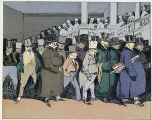 Fire timer: medarbejdere går, glemt indtil næste dag af enhver bureaukratisk sag - i "" Mores administratives" af Henri Monnier af Henri Bonaventure Monnier