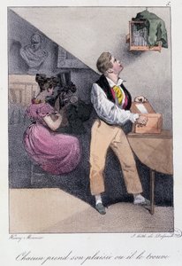 Mand, der opdrætter fugle, mens hans kone snyder ham: "" Alle tager hans fornøjelse, eller han finder ham"" - i "" Les pastemps"" af Henry Monnier, red. Delpech, Paris, v.1830 af Henri Bonaventure Monnier