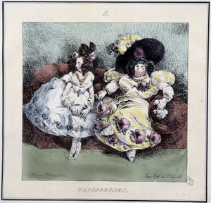 Grimme kvinder laver "" gobelin"" siddende i en stue - i "" Parisiennes" af Henri Monnier, red. Delpech, Paris