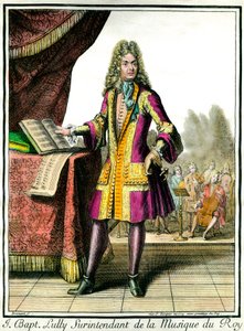 Portræt i foden af Jean Baptiste Lully (Giovanni Battista Lulli) (1632-1687) Inspektør for Kongens Musik Indgravering af Henri Bonnart (1642-1711)