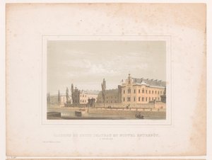 Udsigt over kasernen på Klein Kasteeltje og det nye lager i Bruxelles Caserne du petit chateau et nouvel entrepôt, a Bruxelles (titel på objekt)