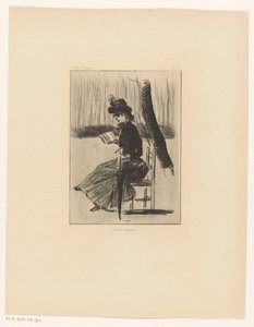 Kvinde med en bog og en paraply på en stol udenfor Petits Croquis 5 (titel på objekt) af Henri Boutet
