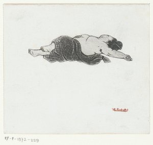 Tilbagelænet japansk kvinde med bar bryst af Henri Charles Guérard (attributed to)