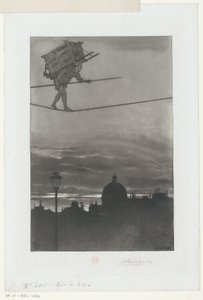 Tightrope rollator med pakke på ryggen over en by Titelside for: Henri Béraldi, Les Graveurs du XIXe siècle (...), 1888