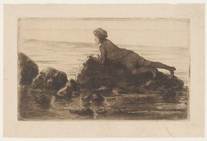 Dreng liggende på kampesten på stranden af Henri Charles Guérard