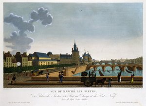 Udsigt over blomstermarkedet, byttebro og ny bro - i "" Vues de Paris"" af Courvoisier af Henri Courvoisier-Voisin