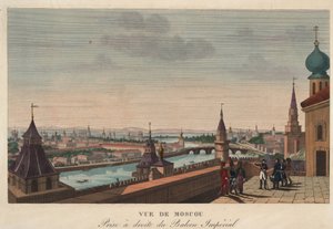 Udsigt over Moskva fra balkonen på det kejserlige palads, Rusland"" (Udsigt over Moskva taget fra balkonen på det kejserlige palads) Gravering af Henri Courvoisier-Voisin (1757-1830) - 1812 Dim 40,7x55,6 cm Privat samling