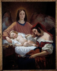 Skytsengelen En engel våger over en mor og hendes sovende barn. Maleri af Henri Decaisne (1799-1852)