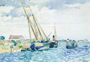 Marine Scene (både nær Venedig), 1903 (wc over grafit på hvidt vævet papir tørmonteret på kraftigt vævet kort) af Henri Edmond Cross